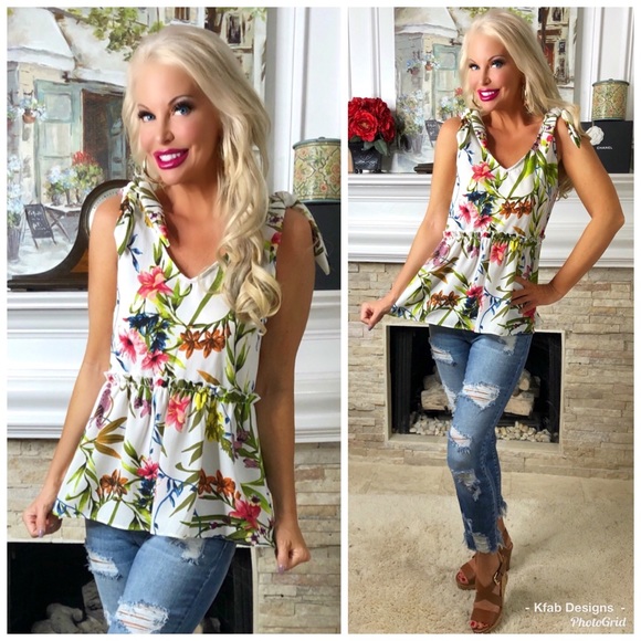 💐LAST Tropical Print Ruffle Top With Bow Shoulder - Picture 4 of 8